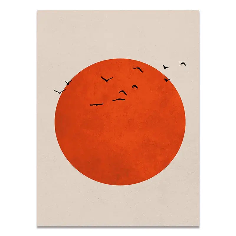 Decorbites™ abstract winter morning landscape canvas print in nordic style featuring bold orange circle and black birds