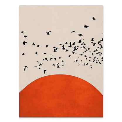 DecorBites™ nordic style canvas print with vibrant orange semi-circle and black bird silhouettes on beige winter morning landscape background
