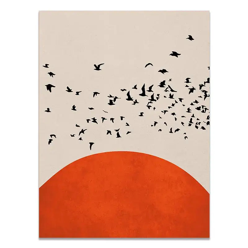 DecorBites™ nordic style canvas print with vibrant orange semi-circle and black bird silhouettes on beige winter morning landscape background