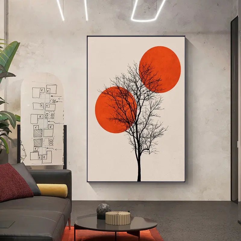 Minimalist nordic style canvas print featuring a black tree silhouette and orange circles in a winter morning landscape
