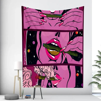 Abstract woman tarot card tapestry pink and black decor featuring stylized hands holding a green cannabis joint on cosmic background