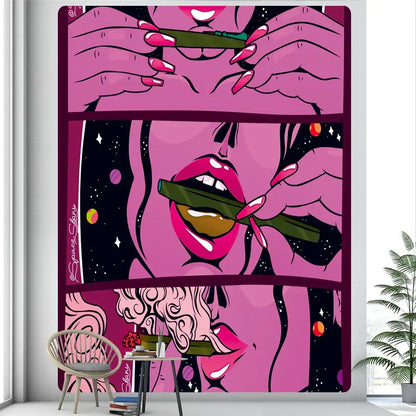 Vibrant pink and black decorbites abstract woman tarot wall tapestry with stylized hands lips and cosmic background
