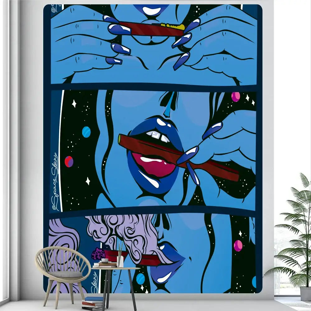 Blue and purple pop-art decorbites abstract woman tarot card tapestry with stylized hands lips and cosmic elements