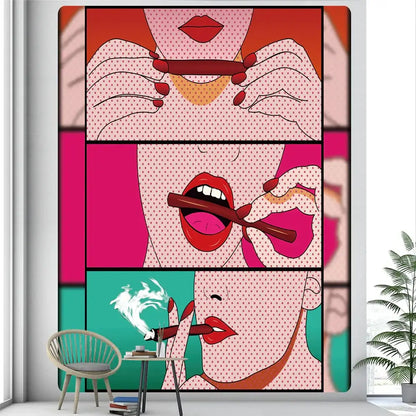 Vibrant pop art decorbites abstract woman tarot tapestry featuring bold red lips and stylized hands in pink and black