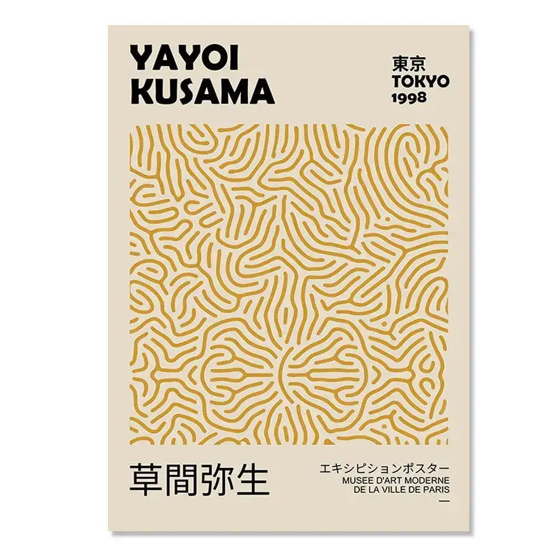 Beige abstract yayoi kusama wall art with gold maze pattern and bold black text from 1998 tokyo exhibition for living room