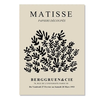 Beige poster with black cut-paper seaweed artwork by matisse featuring elegant serif text for abstract yayoi kusama wall art