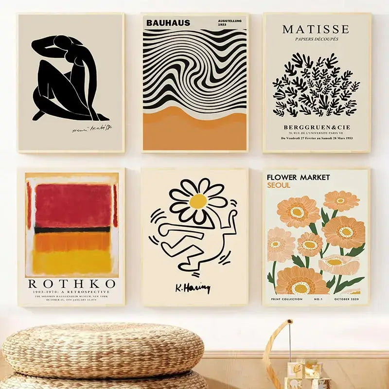 Six framed abstract yayoi kusama wall art prints featuring stylized flower designs in black white orange red yellow and beige tones