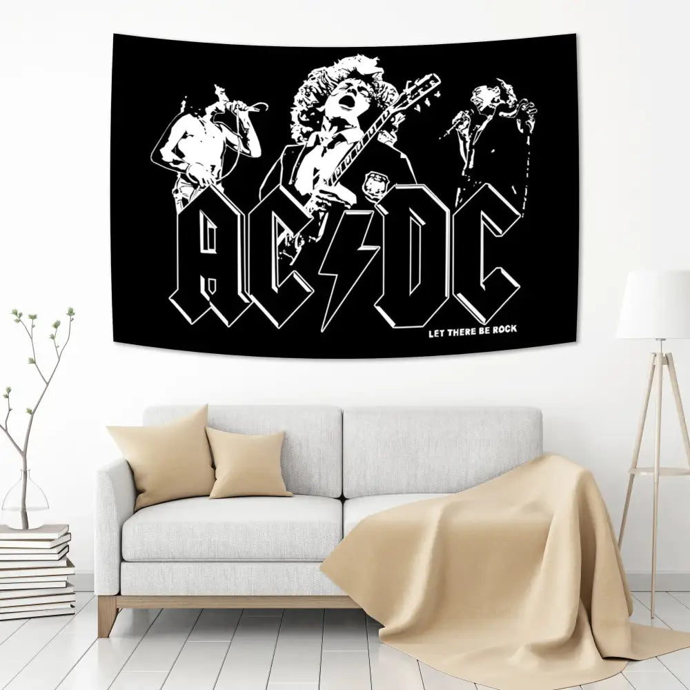 Black acdc band tapestry wall hanging with white musician silhouettes and bold let there be rock lettering for bedroom decor