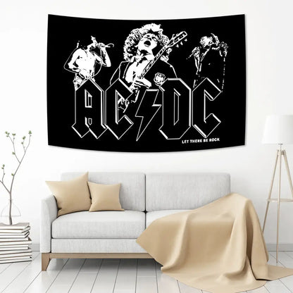 Black acdc band tapestry wall hanging with white musician silhouettes and bold let there be rock lettering for bedroom decor