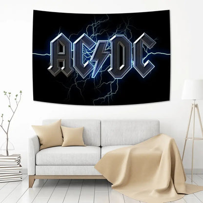 Acdc band tapestry wall hanging with glowing blue lightning bolts and metallic silver lettering for bedroom decor