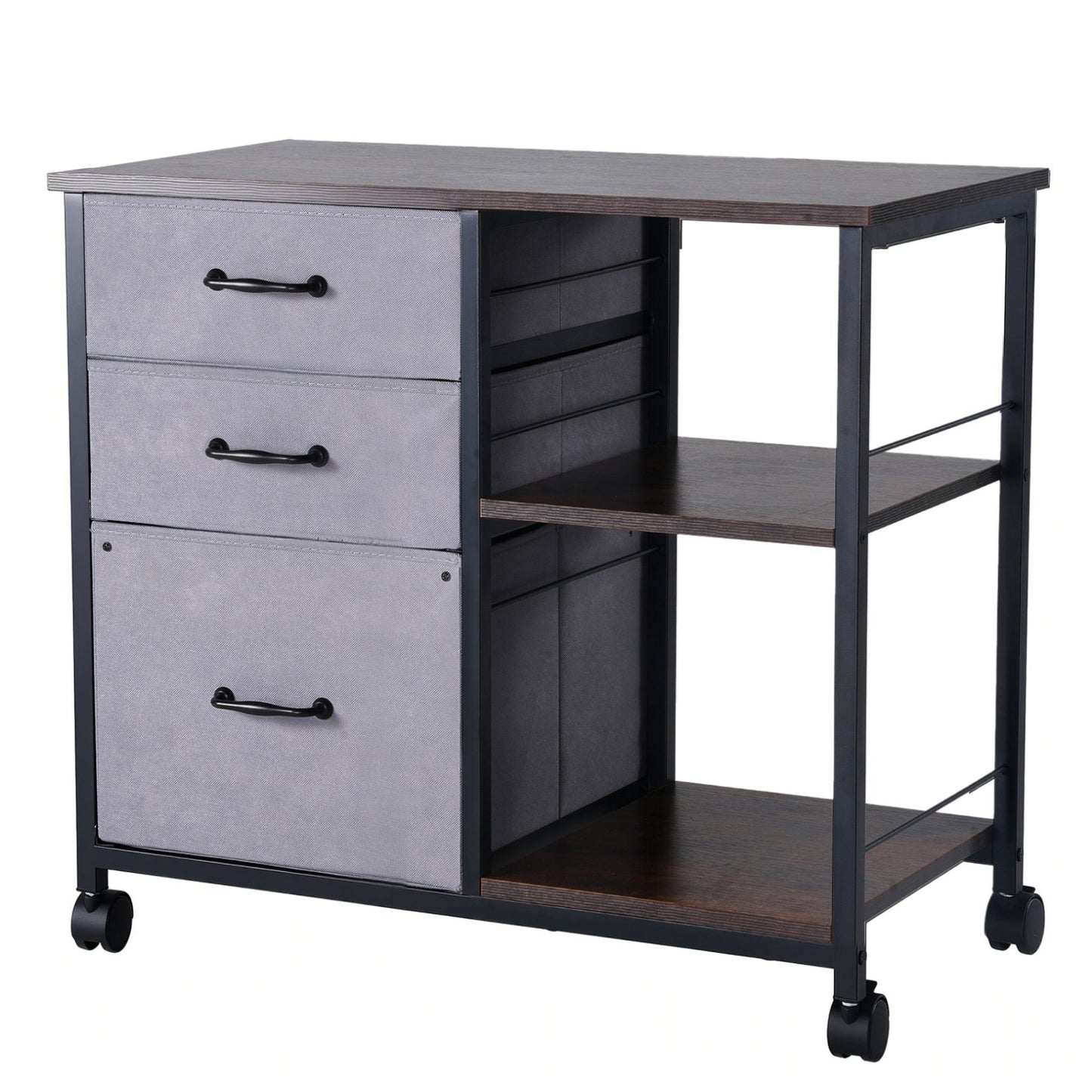 Mobile Metal File Cabinet With 3 Fabric Drawers And 2 Open Shelves Brown