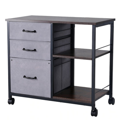 Mobile Metal File Cabinet With 3 Fabric Drawers And 2 Open Shelves Brown