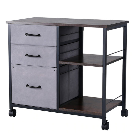 Mobile Metal File Cabinet With 3 Fabric Drawers And 2 Open Shelves Brown