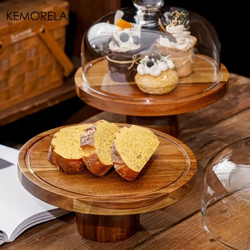 Acacia wood cake stand with glass dome featuring a warm natural finish and rounded edges by decorbites acacia wood