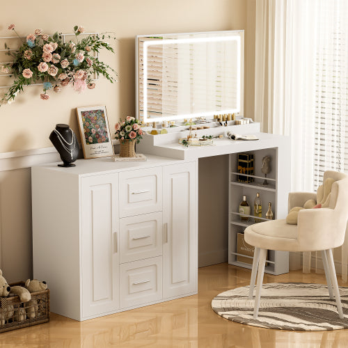 59Makeup Vanity Desk With Mirror, Vanity Mirror With Lights, Dressing Table With 3 Drawers And 2 Cabinets, Vanity Table With Storage Shelves For Bedroom, White