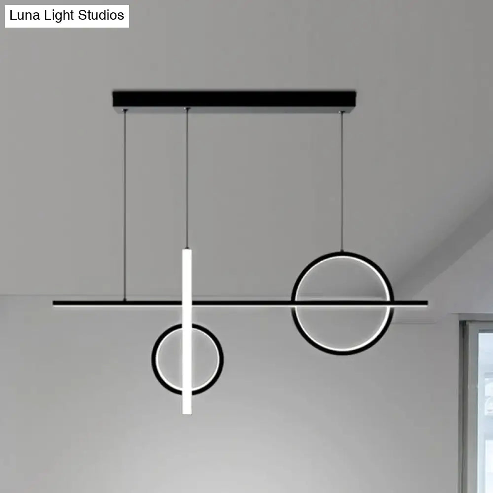 Modern black and white geometric acrylic pendant light fixture with circular and rectangular led elements for island lighting bulb base compatible