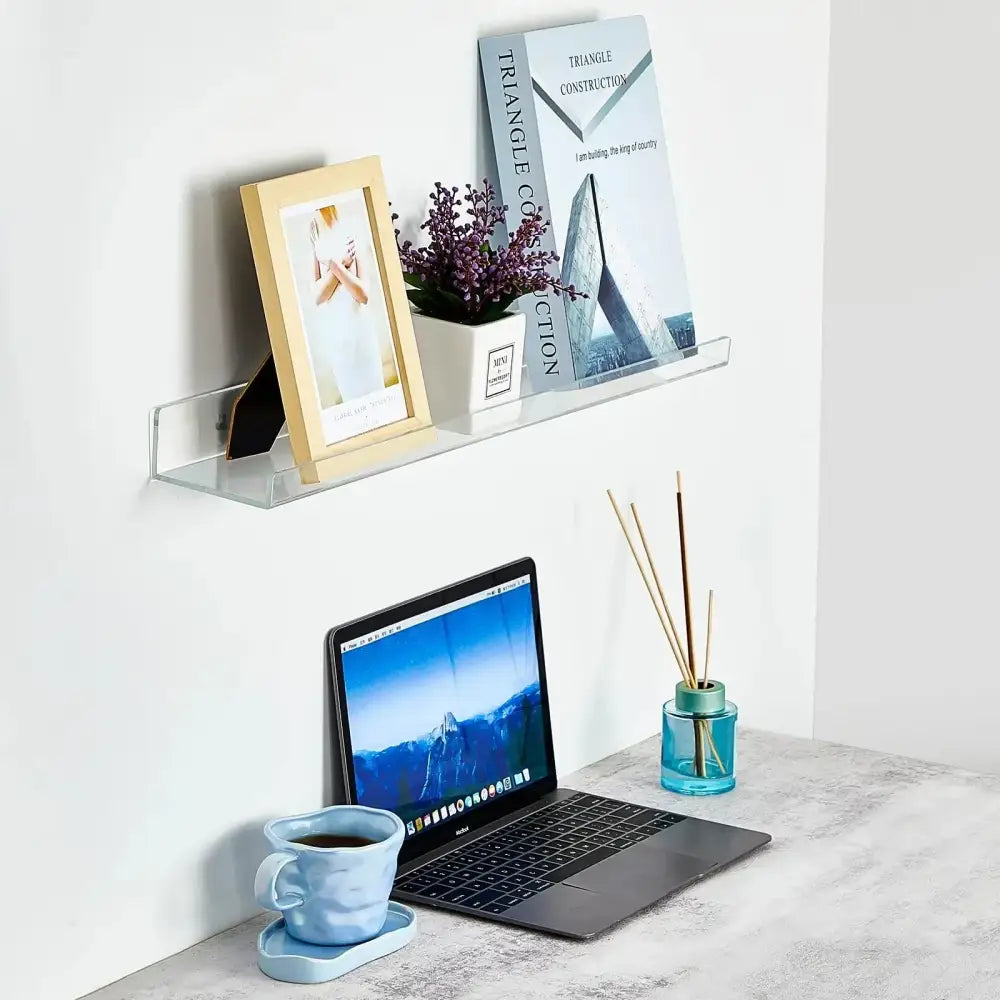 DecorBites™ clear acrylic wall shelf organizer holding framed photo book and small plant for stylish home decor