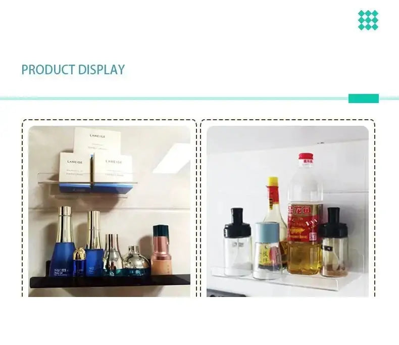 Clear glass spice jars with black lids on a white decorbites acrylic wall shelf organizer for home decor display