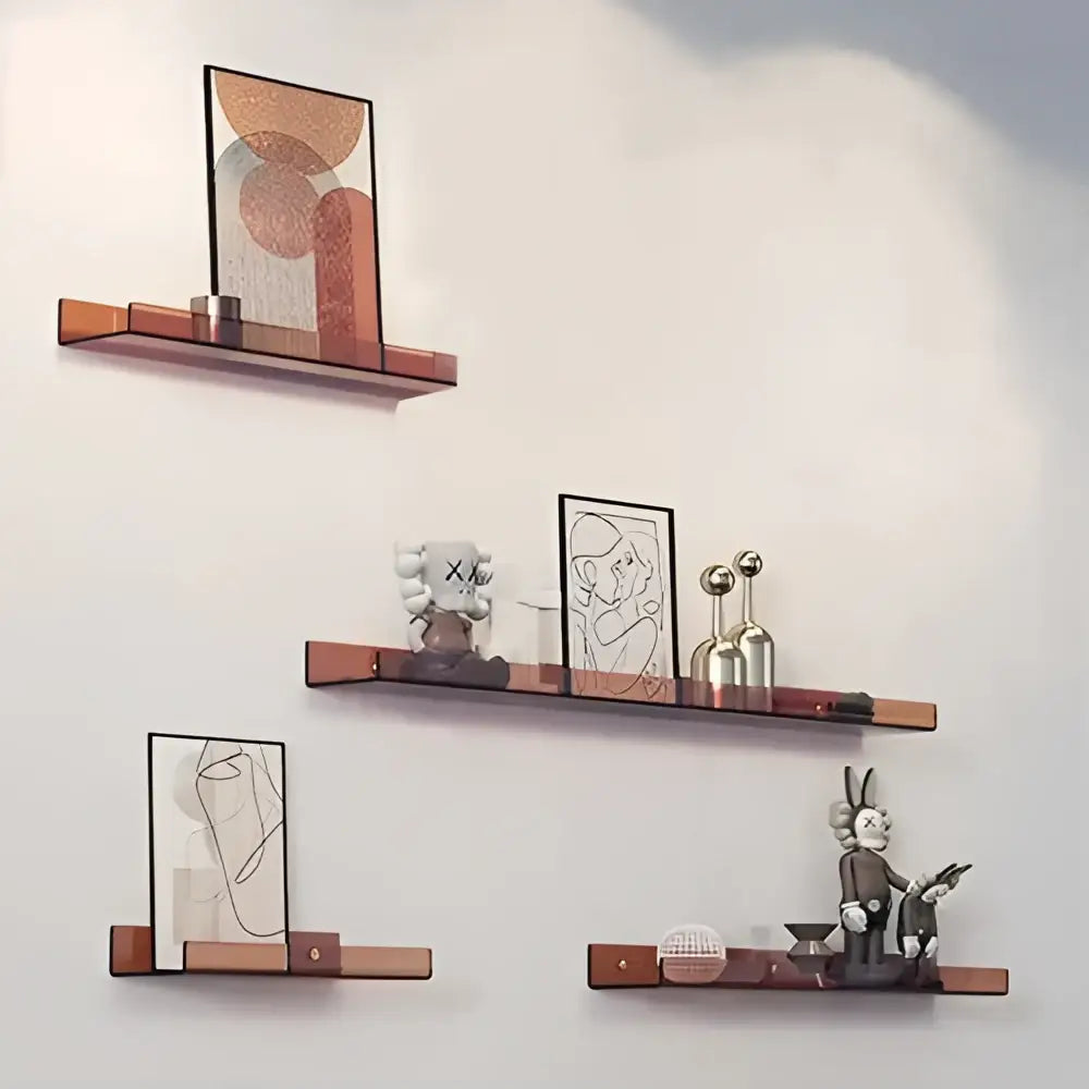 Decorbites™ acrylic wall shelf organizer with three tiered translucent amber floating shelves for home decor display