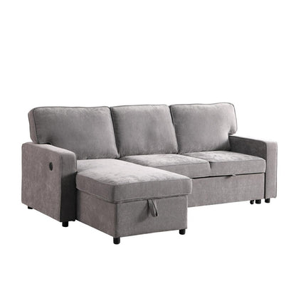 Upholstery Sleeper GREY Sectional Sofa With Storage Space, USB Port, 2 Cup Holders On Back Cushions