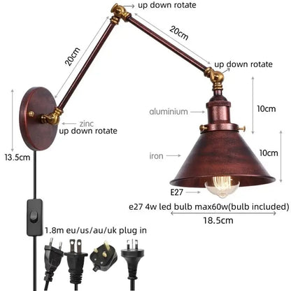 Adjustable brass gold long arm wall sconce with dark bronze finish zinc and aluminum articulated arms for bedroom reading light