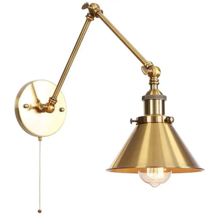 Adjustable brass gold long arm wall sconce with conical shade and pull-chain switch for bedroom reading light decorbites gold long