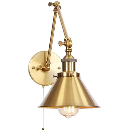 Adjustable brass gold long arm wall sconce with conical shade and exposed bulb for bedroom reading light decorbites gold long