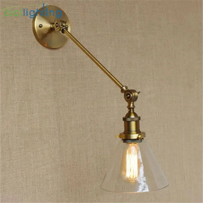 Adjustable brass wall sconce with clear glass conical shade and exposed edison bulb for decorbites brass copper wall lamp