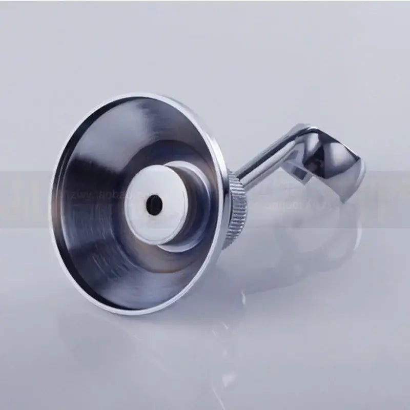 Adjustable chrome brass shower holder bracket with metal funnel, threaded stem, and white plastic insert for bathroom wall mount