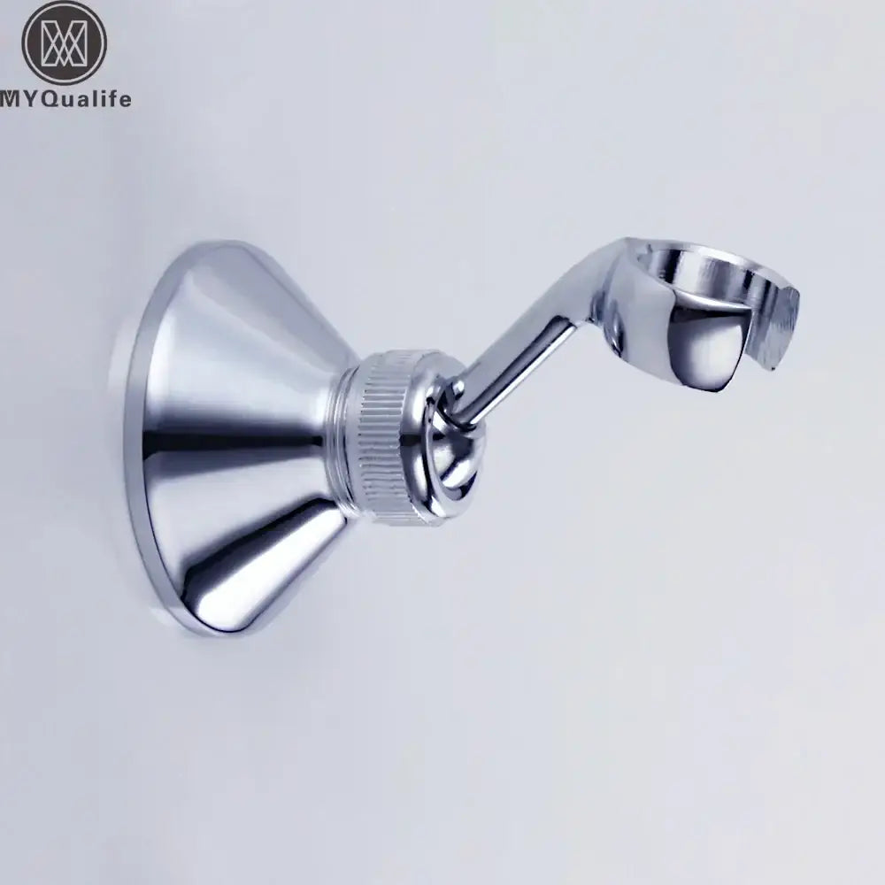 Adjustable chrome brass shower holder bracket with sleek arm and flared base for bathroom wall mount use
