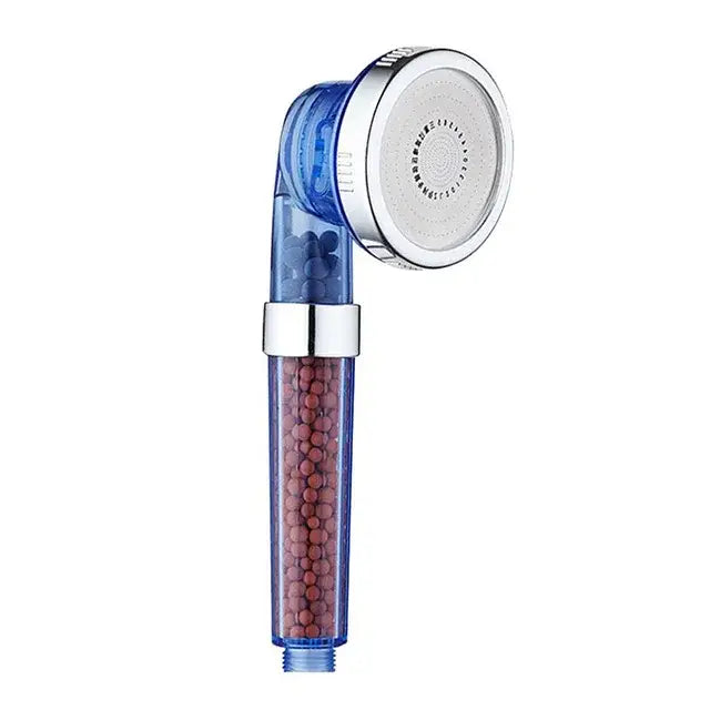 Adjustable high pressure blue transparent shower head with silver accents and visible reddish brown filter beads inside housing