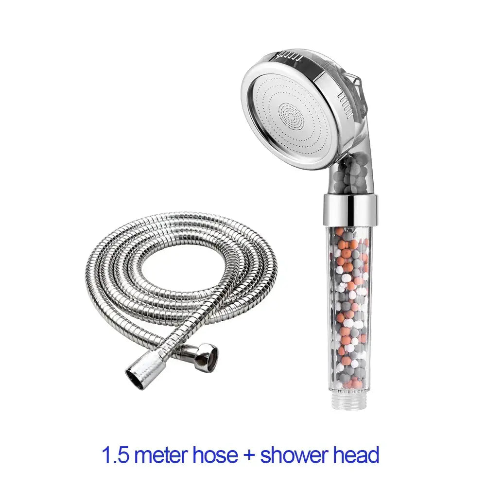 Silver-toned adjustable high pressure shower head with transparent body filled with multicolored filter beads and chrome hose