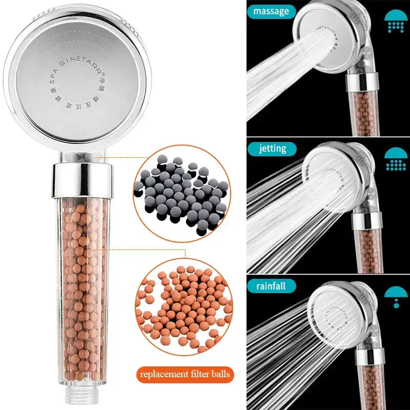 Silver-finished adjustable high pressure shower head with transparent filter housing and ceramic beads for massage spray modes