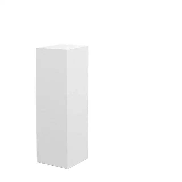 A sleek white rectangular display pedestal with a matte finish showcasing an adjustable high pressure shower head with filter beads