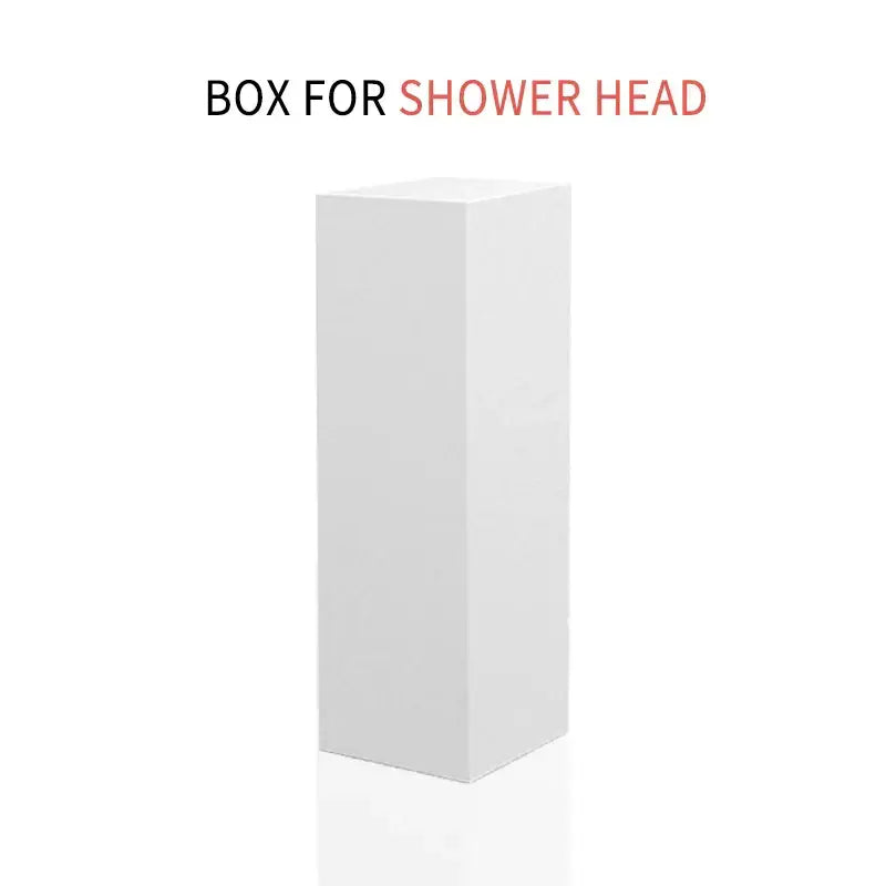 White rectangular box packaging for adjustable high pressure shower head with filter beads for bathroom use