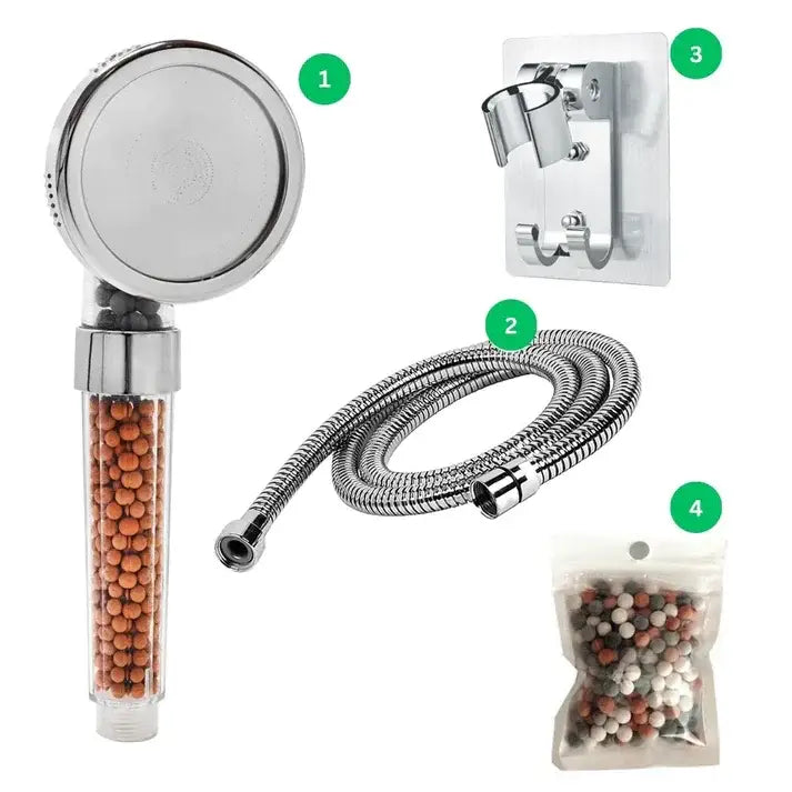 Adjustable high pressure chrome shower head with transparent body and orange filter beads for bathroom use