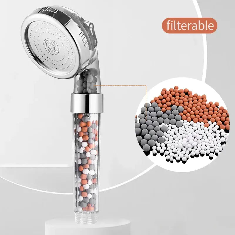 Adjustable high pressure shower head with clear cylindrical body and chrome nozzle filled with multicolored filter beads