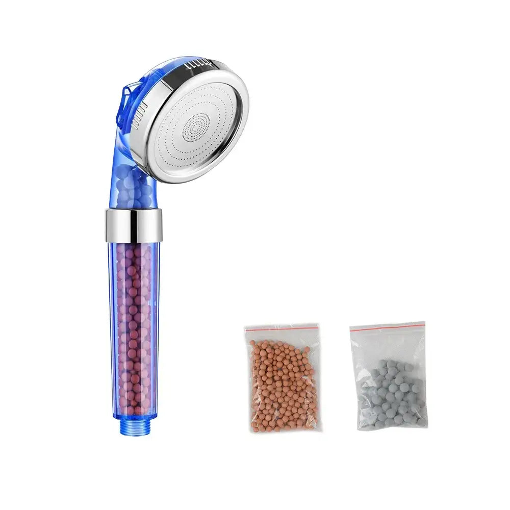 Adjustable high pressure blue transparent shower head with silver accents and filter beads for bathroom use