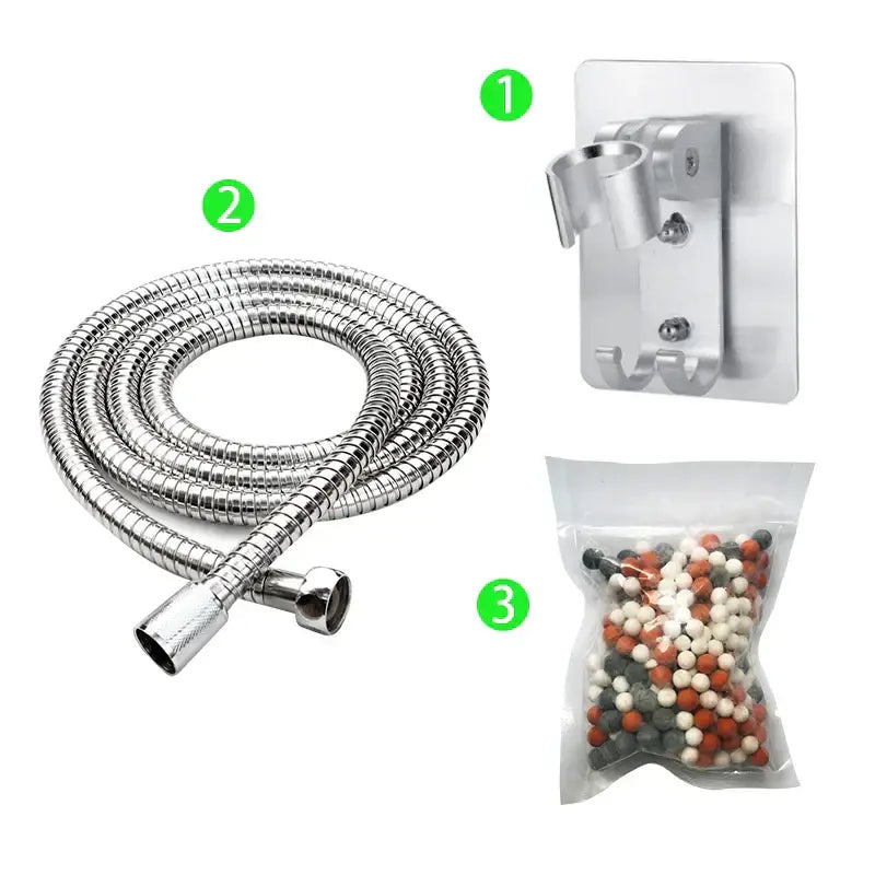 Silver flexible metal shower hose with threaded connectors for adjustable high pressure shower head with filter beads