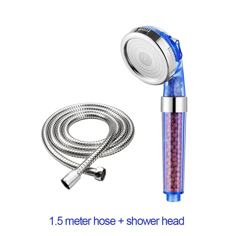 Adjustable high pressure shower head with blue transparent body purple filter beads and chrome accents for bathroom use