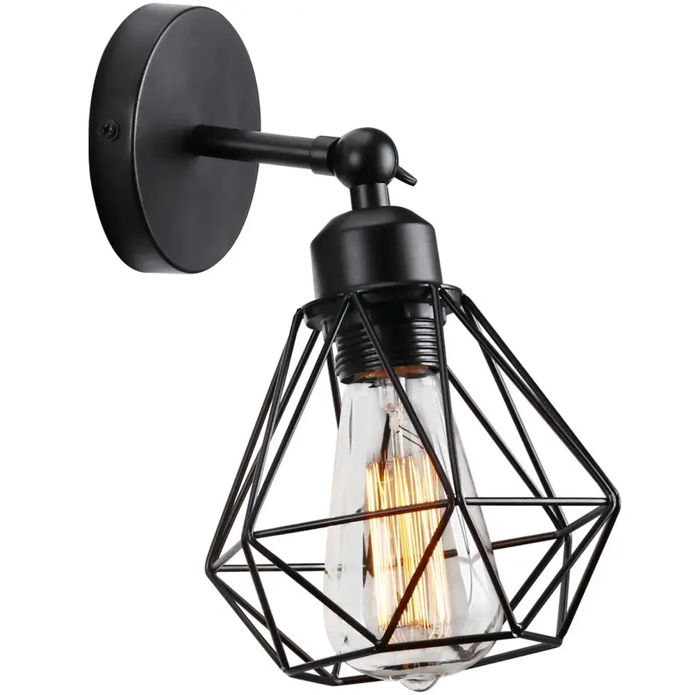 Adjustable industrial vintage black metal wall light with geometric iron cage and exposed filament bulb for bedroom decorbites