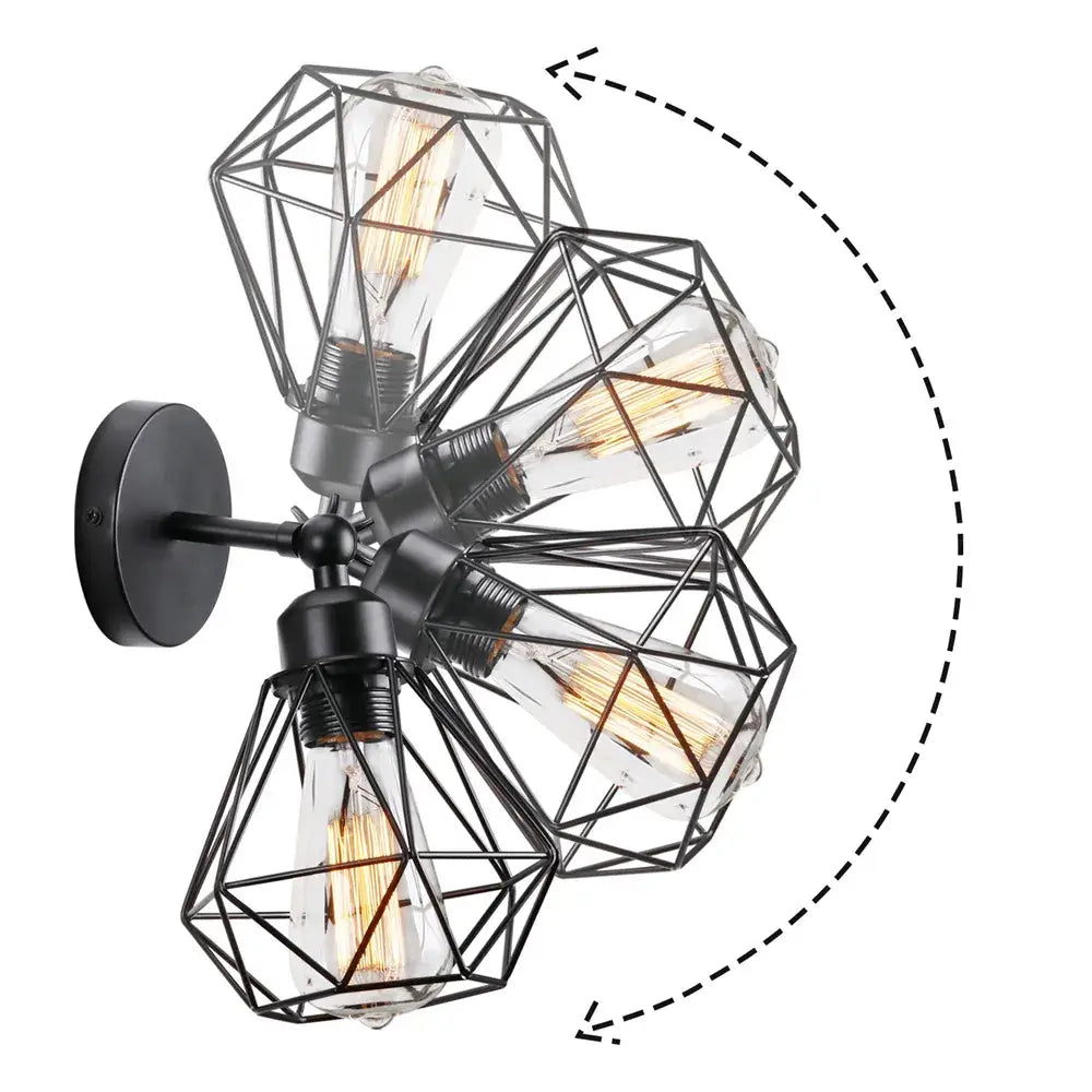 Black metal geometric cage wall light with multiple exposed filament bulbs for decorbites adjustable industrial vintage use