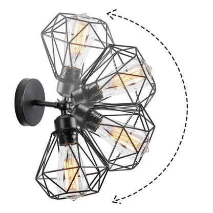 Black metal geometric cage wall light with multiple exposed filament bulbs for decorbites adjustable industrial vintage use