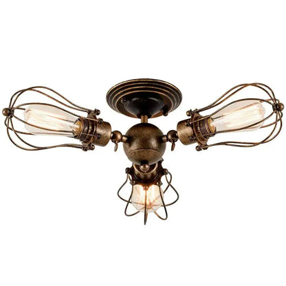 Adjustable industrial wall light in bronze with three exposed Edison bulbs in wire cages for bedroom and hallway decorbites