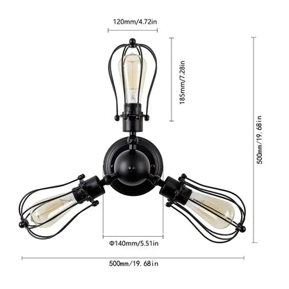 Black wrought iron decorbites adjustable industrial three-light wall sconce with exposed filament bulbs for bedroom and hallway