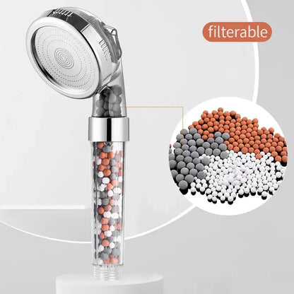 Clear cylindrical shower head with chrome nozzle and transparent body filled with multicolored filter beads for decorbites adjustable jetting shower