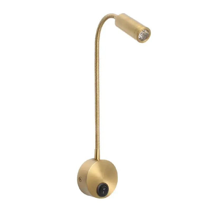 Gold-colored adjustable led bedside wall sconce with flexible gooseneck arm and circular base with on/off switch decorbites led bedside