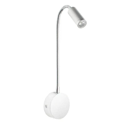 Silver gooseneck led bedside wall sconce with flexible neck and circular white base for decorbites led bedside use