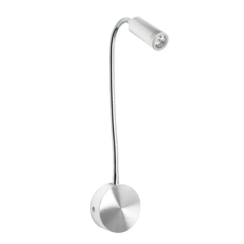 Silver gooseneck wall sconce with flexible metallic arm and circular base for decorbites led bedside wall reading lamp