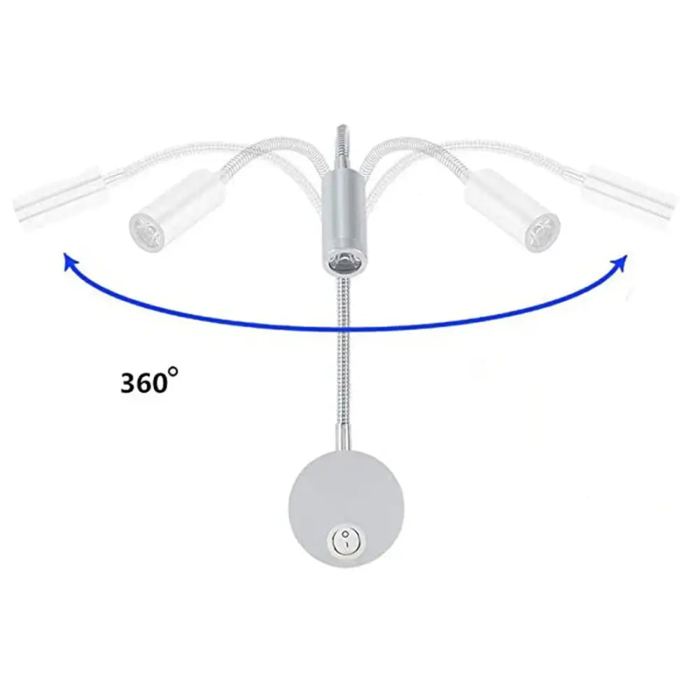 Silver adjustable led bedside wall sconce with three flexible arms and clear cylindrical light heads for bedroom reading